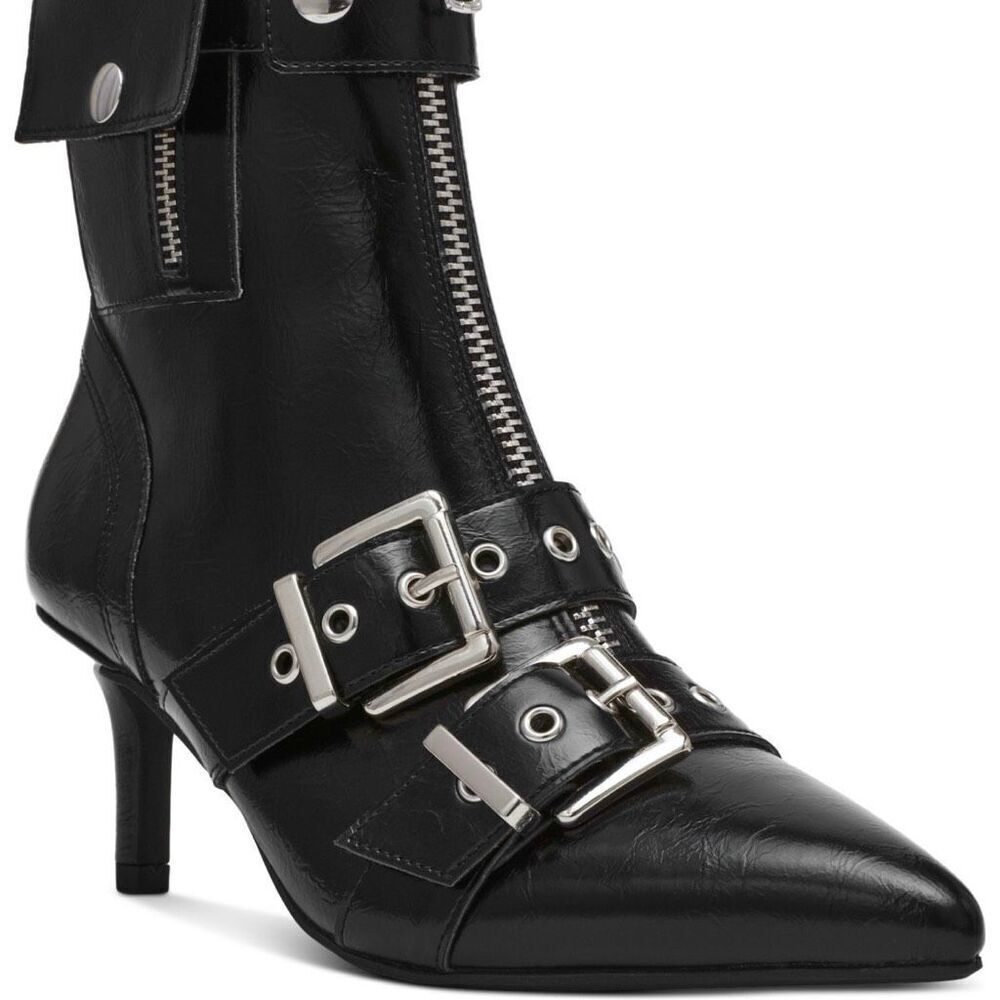 Wild Pair Moonbeam Buckle Booties: Edgy Black Crinkle Stiletto Heel Size 7 New